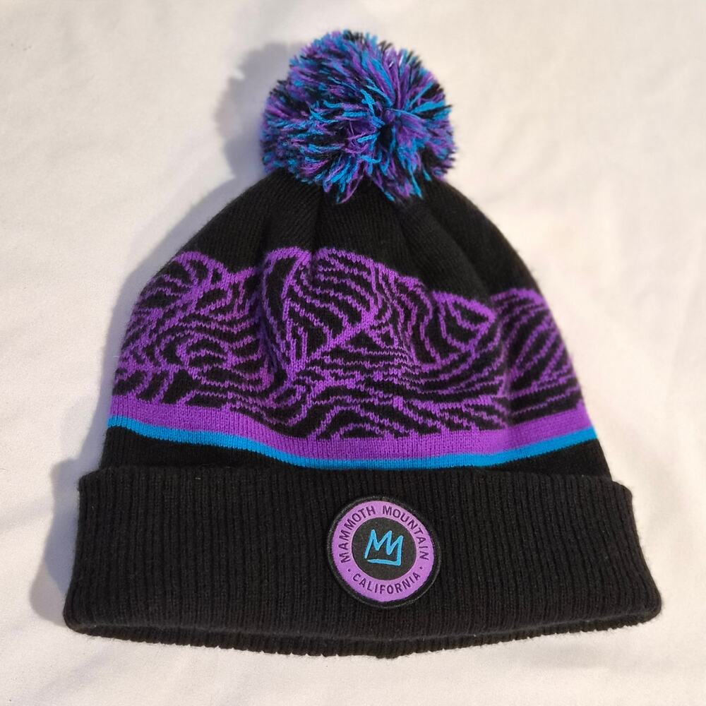 Mammoth Mountain Beanie Pom Pom Hat Purple Black Teal "Find Us In The‎ Fun" 2023